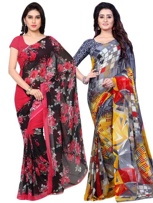 set of 2 multicolor printed saree combo with blouse - 16426470 - Very Small Image - 1
