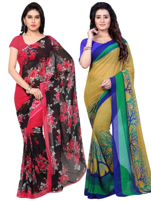 set of 2 multicolor printed saree combo with blouse - 16426471 - Very Small Image - 1