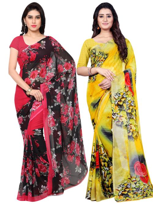 set of 2 multicolor printed saree combo with blouse - 16426472 - Very Small Image - 1
