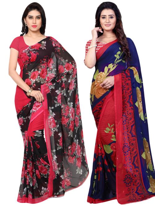 set of 2 multicolor printed saree combo with blouse - 16426474 - Very Small Image - 1