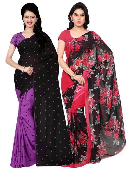set of 2 multicolor printed saree combo with blouse - 16426478 - Very Small Image - 1