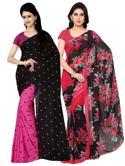 set of 2 multicolor printed saree combo with blouse - 16426481 - Very Small Image - 1