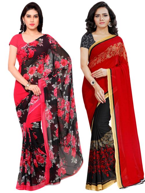 set of 2 multicolor printed saree combo with blouse - 16426489 - Very Small Image - 1