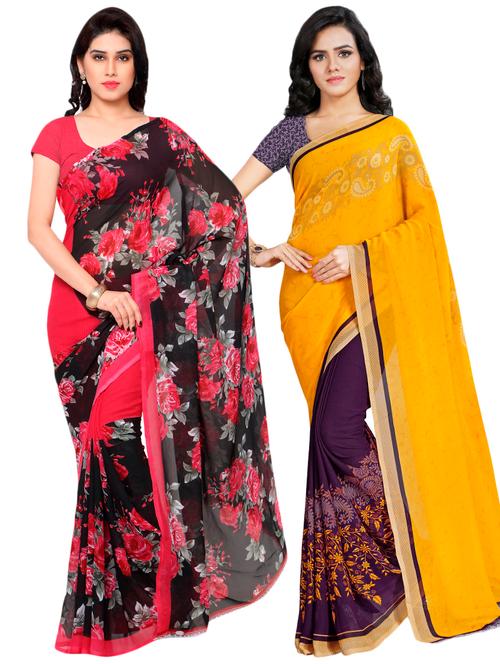 set of 2 multicolor printed saree combo with blouse - 16426490 - Very Small Image - 1