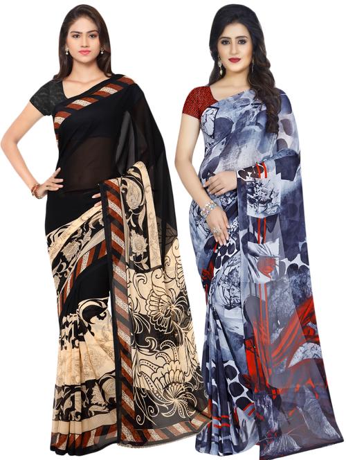 set of 2 multicolor printed saree combo with blouse - 16426581 - Very Small Image - 1