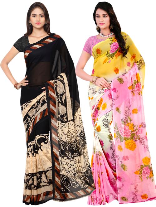 set of 2 multicolor printed saree combo with blouse - 16426588 - Very Small Image - 1