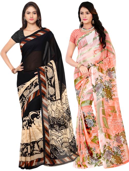 set of 2 multicolor printed saree combo with blouse - 16426589 - Very Small Image - 1