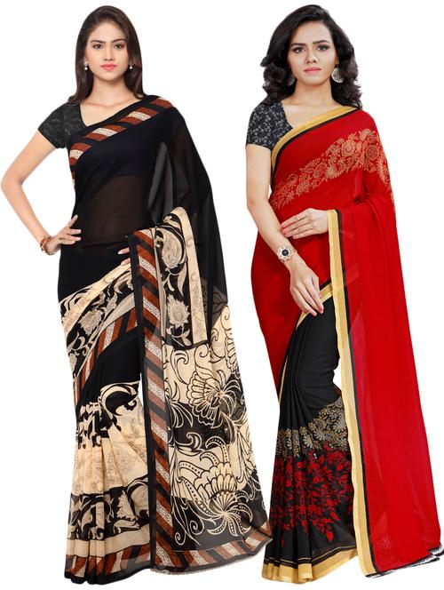set of 2 multicolor printed saree combo with blouse - 16426594 - Very Small Image - 1