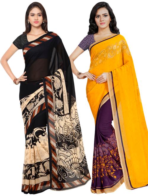 set of 2 multicolor printed saree combo with blouse - 16426595 - Very Small Image - 1