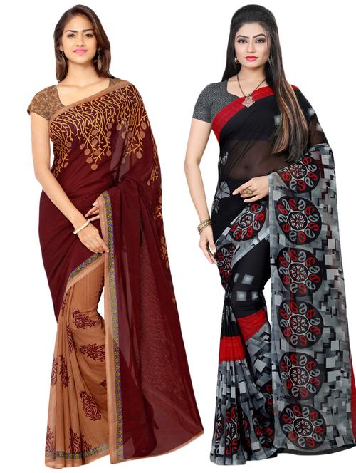 set of 2 multicolor printed saree combo with blouse - 16426642 - Very Small Image - 1