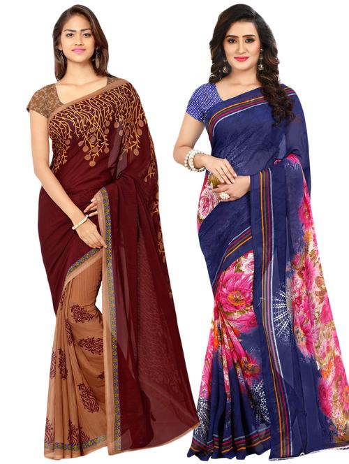set of 2 multicolor printed saree combo with blouse - 16426649 - Very Small Image - 1