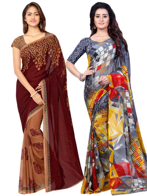 set of 2 multicolor printed saree combo with blouse - 16426652 - Very Small Image - 1