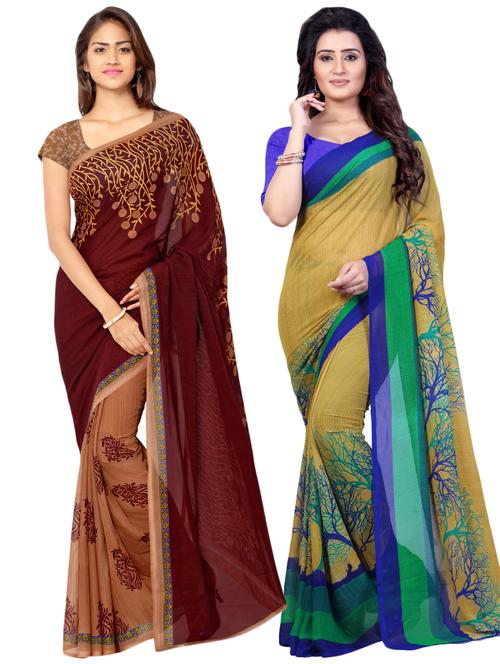 set of 2 multicolor printed saree combo with blouse - 16426653 - Very Small Image - 1