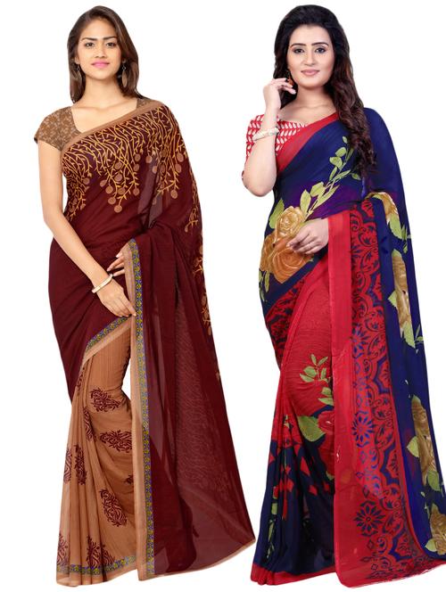 set of 2 multicolor printed saree combo with blouse - 16426656 - Very Small Image - 1