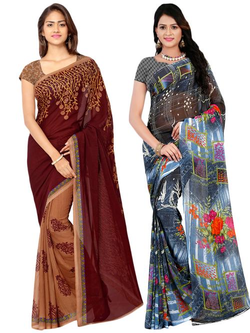 set of 2 multicolor printed saree combo with blouse - 16426659 - Very Small Image - 1