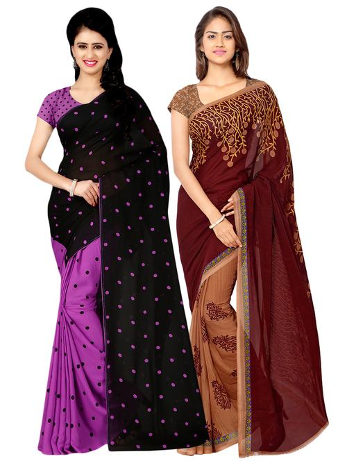 set of 2 multicolor printed saree combo with blouse - 16426660 - Very Small Image - 1