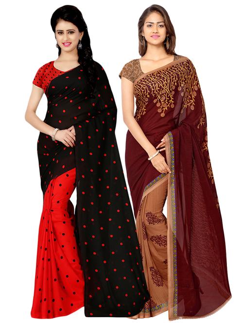 set of 2 multicolor printed saree combo with blouse - 16426661 - Very Small Image - 1