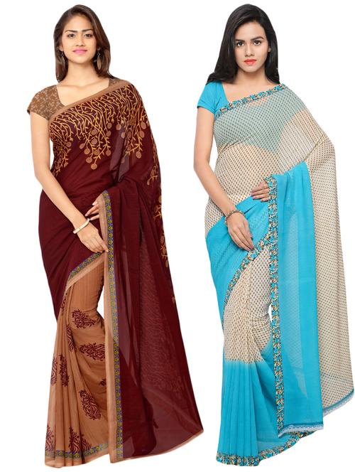 set of 2 multicolor printed saree combo with blouse - 16426668 - Very Small Image - 1