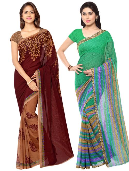 set of 2 multicolor printed saree combo with blouse - 16426674 - Very Small Image - 1