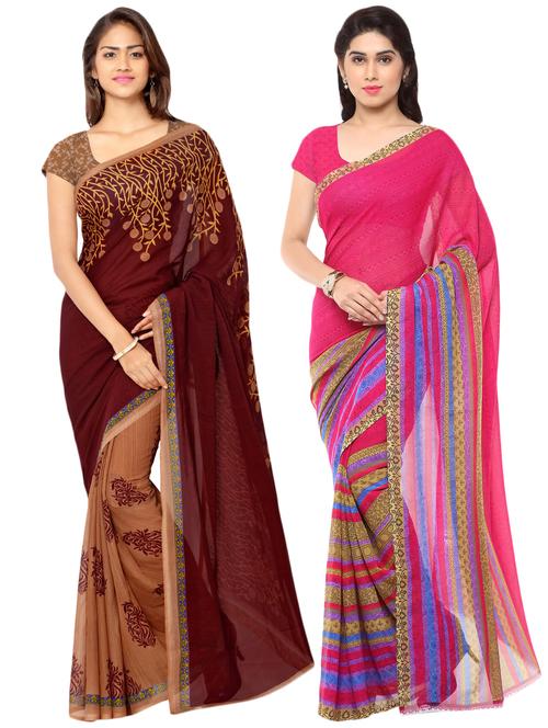 set of 2 multicolor printed saree combo with blouse - 16426675 - Very Small Image - 1