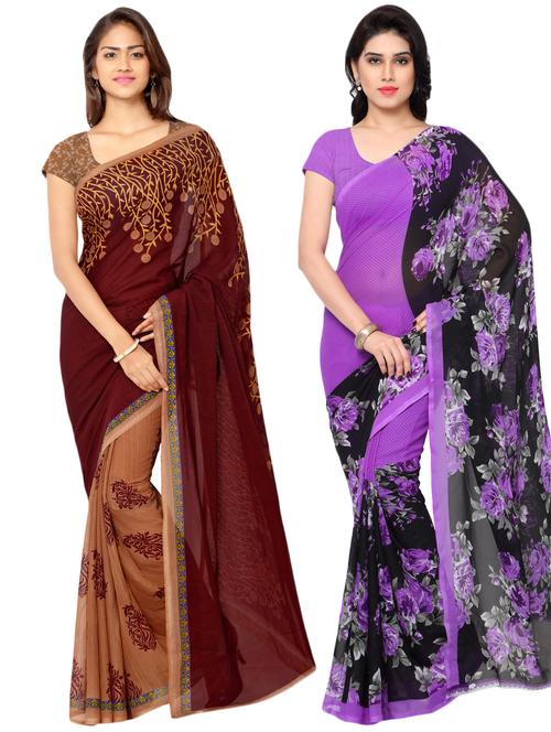 set of 2 multicolor printed saree combo with blouse - 16426678 - Very Small Image - 1