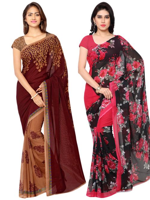 set of 2 multicolor printed saree combo with blouse - 16426681 - Very Small Image - 1