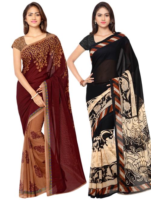 set of 2 multicolor printed saree combo with blouse - 16426683 - Very Small Image - 1
