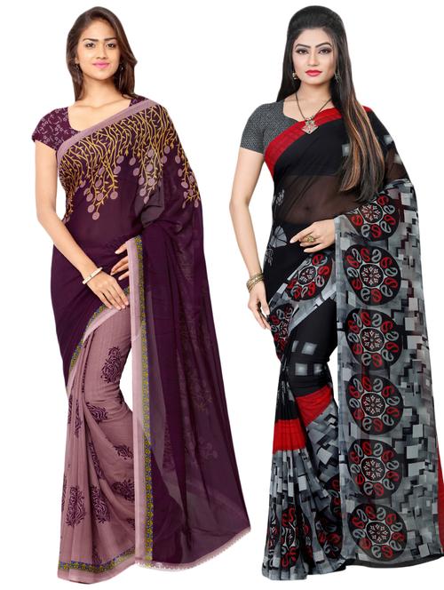 set of 2 multicolor printed saree combo with blouse - 16426696 - Very Small Image - 1