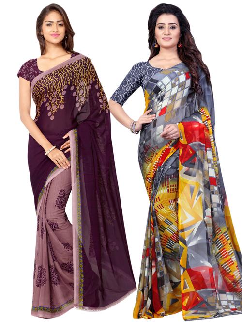 set of 2 multicolor printed saree combo with blouse - 16426706 - Very Small Image - 1