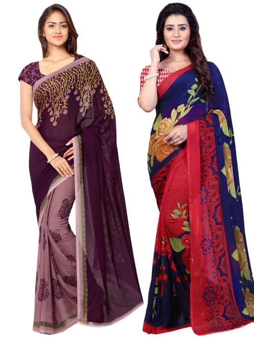 set of 2 multicolor printed saree combo with blouse - 16426710 - Very Small Image - 1