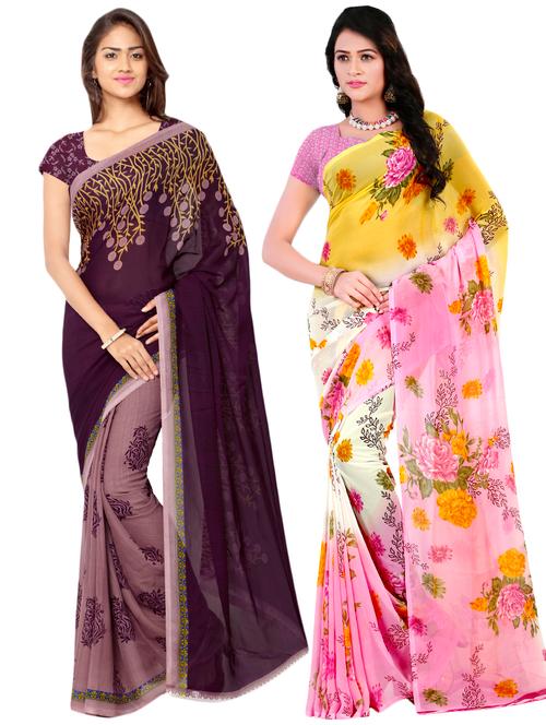 set of 2 multicolor printed saree combo with blouse - 16426711 - Very Small Image - 1