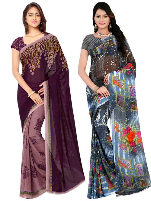 set of 2 multicolor printed saree combo with blouse - 16426713 - Very Small Image - 1