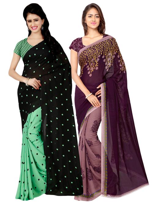 set of 2 multicolor printed saree combo with blouse - 16426716 - Very Small Image - 1