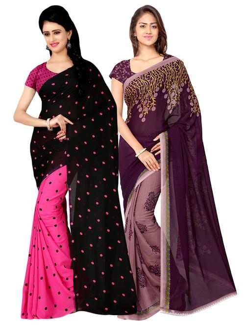 set of 2 multicolor printed saree combo with blouse - 16426717 - Very Small Image - 1