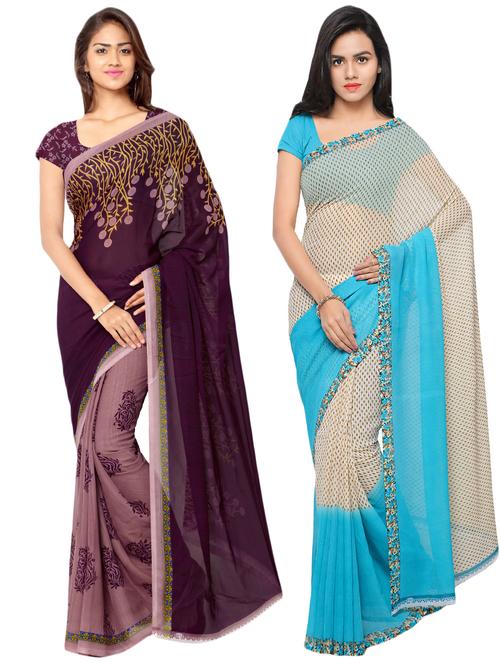 set of 2 multicolor printed saree combo with blouse - 16426722 - Very Small Image - 1