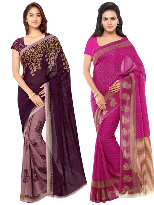 set of 2 multicolor printed saree combo with blouse - 16426725 - Very Small Image - 1