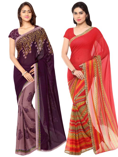 set of 2 multicolor printed saree combo with blouse - 16426731 - Very Small Image - 1