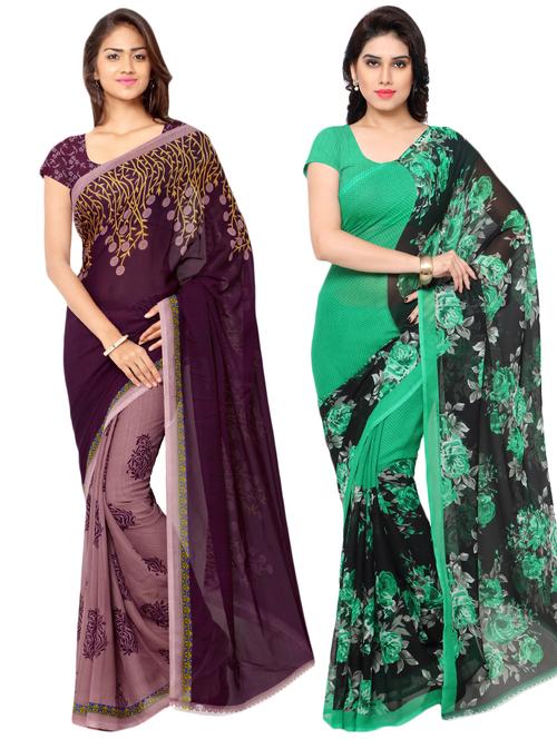 set of 2 multicolor printed saree combo with blouse - 16426733 - Very Small Image - 1