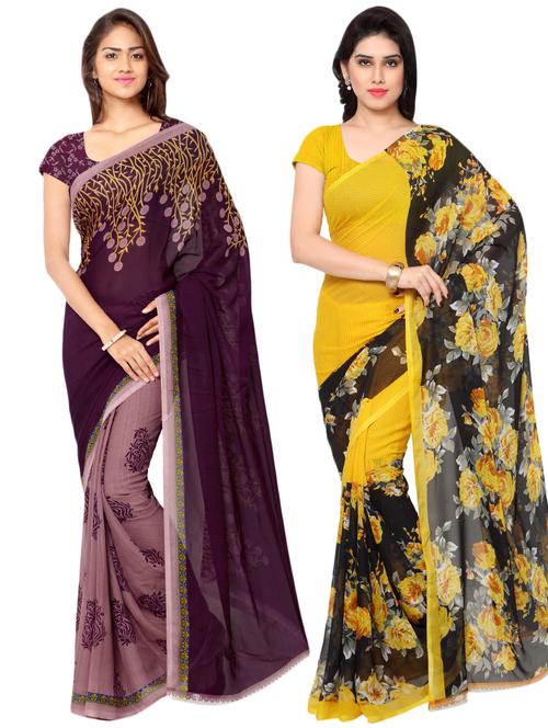 set of 2 multicolor printed saree combo with blouse - 16426734 - Very Small Image - 1