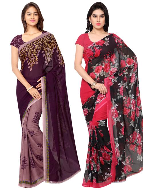 set of 2 multicolor printed saree combo with blouse - 16426735 - Very Small Image - 1