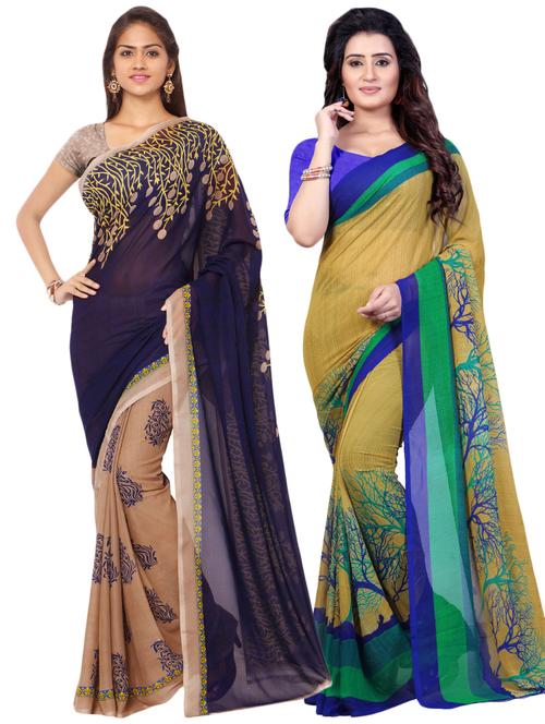 set of 2 multicolor printed saree combo with blouse - 16426748 - Very Small Image - 1