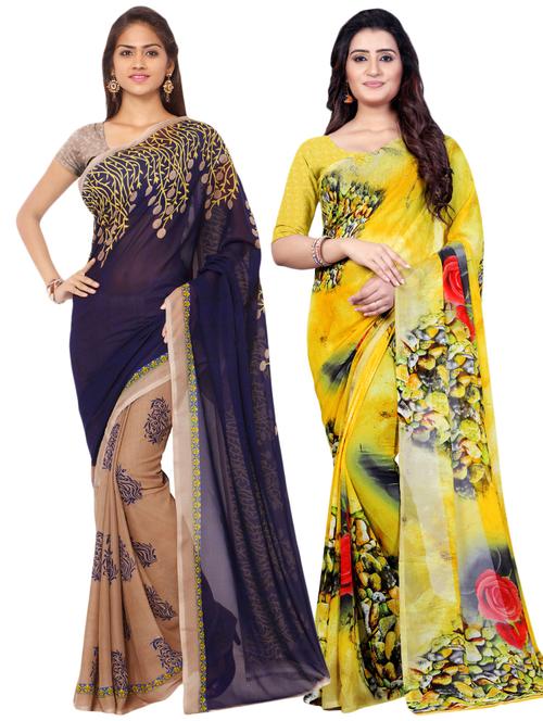 set of 2 multicolor printed saree combo with blouse - 16426749 - Very Small Image - 1