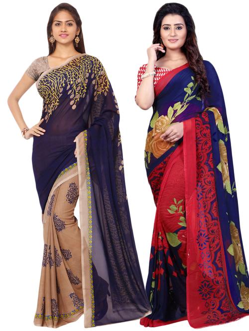 set of 2 multicolor printed saree combo with blouse - 16426751 - Very Small Image - 1