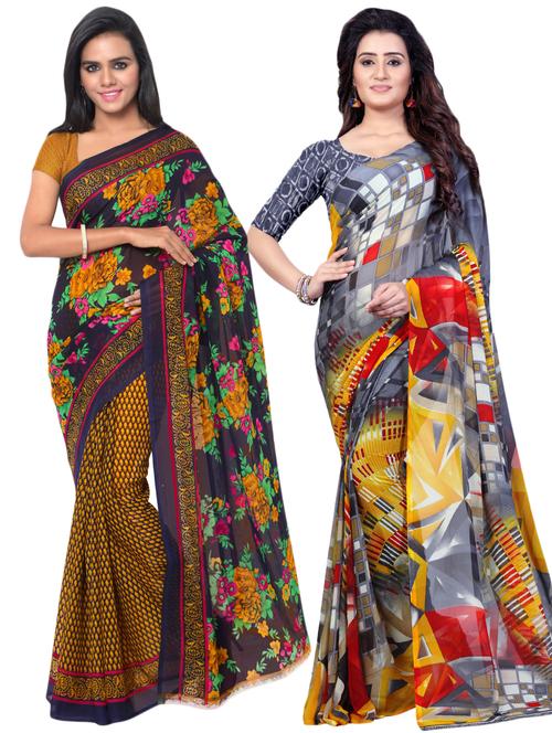set of 2 multicolor printed saree combo with blouse - 16426756 - Very Small Image - 1