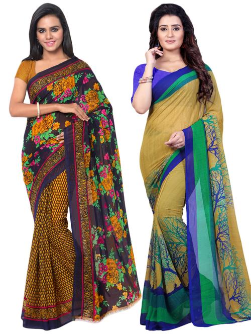 set of 2 multicolor printed saree combo with blouse - 16426757 - Very Small Image - 1