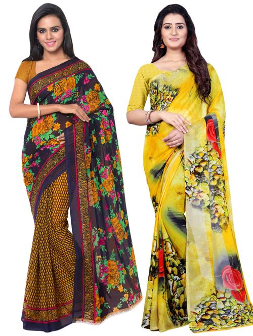 set of 2 multicolor printed saree combo with blouse - 16426758 - Very Small Image - 1