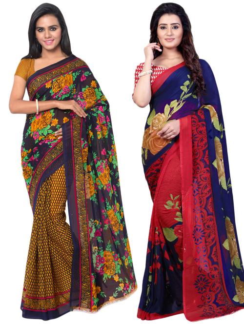 set of 2 multicolor printed saree combo with blouse - 16426760 - Very Small Image - 1