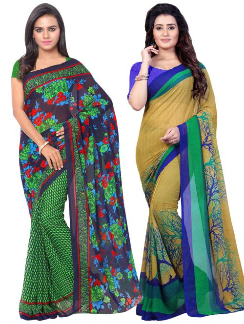 set of 2 multicolor printed saree combo with blouse - 16426766 - Very Small Image - 1