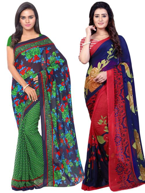 set of 2 multicolor printed saree combo with blouse - 16426769 - Very Small Image - 1