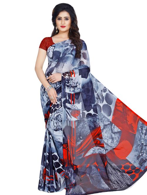grey georgette printed saree with blouse - 16426858 - Very Small Image - 1